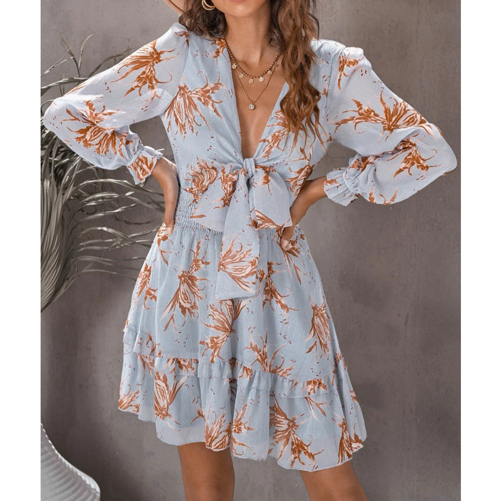 Unbranded Blue Floral Tie Front Long Sleeve Mini Cottagecore Dress Size XL